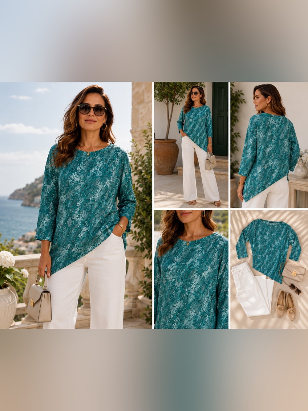 St. John Teal and White Snake-Print Knit Top